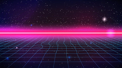 Synthwave Neon Background. Retro Futuristic Grid. 80s pink horizon, blue laser Grid, starry sky. Retro future Synthwave party flyer, poster, banner or cover template. Sci-fi stock vector illustration
