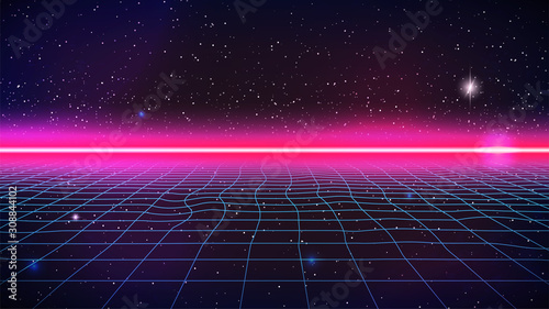 Fototapete Synthwave Neon Background Retro Futuristic Grid 80s Pink Horizon Blue Laser Grid Starry Sky Retro Future Synthwave Party Flyer Poster Banner Or Cover Template Sci Fi Stock Vector Illustration Horsepowermini