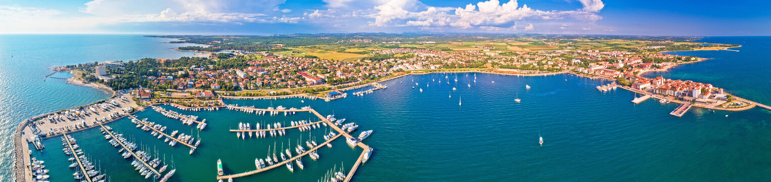 Adriatic coastline of Umag architecture aerial view