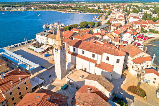 Umag. Aerial view of historic landmarks in town of Umag