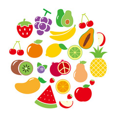 Set of fruits vector illustration with colorful flat design in round isolated on white background 