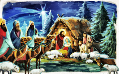 Obraz na płótnie Canvas religious illustration three kings - and holy family - traditional scene - illustration for children
