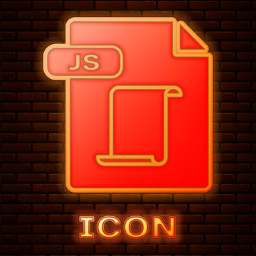 Glowing neon JS file document. Download js button icon isolated on brick wall background. JS file symbol. Vector Illustration