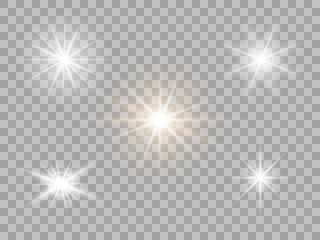 Set white light, flash. Bright star. Shimmering brilliance. Vector design elements isolated on a transparent Light background. - obrazy, fototapety, plakaty