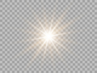 Yellow sun light, flash or bright star. Shimmering brilliance. Vector design element isolated on a transparent background.