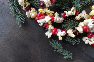 Christmas garland of red cranberries and popcorn kernels with copy space