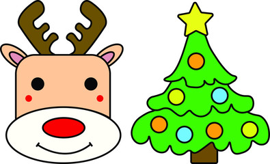 Obraz na płótnie Canvas Deer and Christmas tree. Drawings for Christmas animation. Festive deer smiles. Christmas tree with balls.