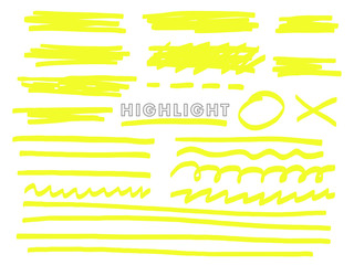 Highlight. Vector hand drawn marker line elements, dotted lines, waves, cross and circle. Objects on an isolated background.