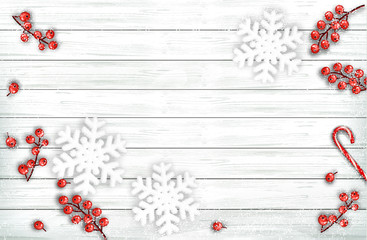 Abstract holiday christmas background with snowflakes and a red berries on the wooden sign. Vector illustration