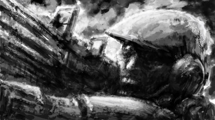 Screaming soldier with rifle in battle. Black and white.