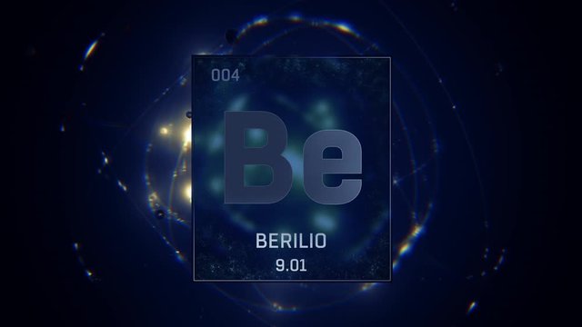 Beryllium as Element 4 of the Periodic Table. Seamlessly looping 3D animation on blue illuminated atom design background with orbiting electrons. Name, atomic weight, element number in Spanish languag