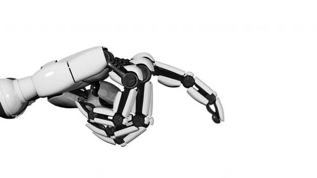 Futuristic white high-tech artificial intelligence robot hand gesturing and pointing a finger
