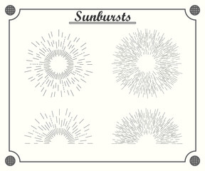 Sunburst decorative retro patterns of fine lines. Star, flash or explosion of fireworks, sunrise. Vector illustration isolated background.