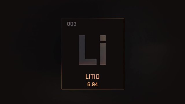 Lithium as Element 3 of the Periodic Table. Seamlessly looping 3D animation on grey illuminated atom design background with orbiting electrons. Name, atomic weight, element number in Spanish language