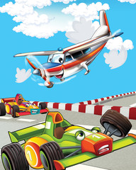 Fototapeta premium cartoon scene with super car racing and observing plane is flying over - illustration for children