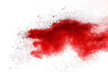 Red powder explosion on white background. Colored cloud. Colorful dust explode. Paint Holi. - obrazy, fototapety, plakaty