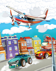 cartoon scene with super car racing and observing plane is flying over - illustration for children
