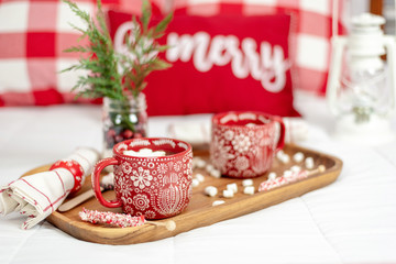 Closeup of holiday mug of hot cocoa