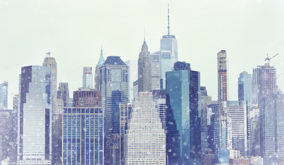 Fototapeta na wymiar Toned photo New York City Manhattan downtown skyline at winter day during snowfall