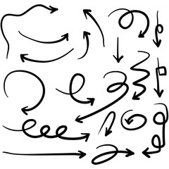 Hand drawn arrow mark icons set. Collection of point signs, Black filigree mark point vector. with hand drawn doodle style isolated background