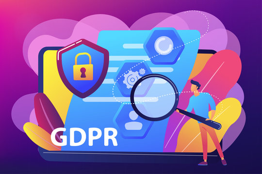 GDPR and cyber security, confidential database. General data protection regulation, personal information control, browser cookies permission concept. Bright vibrant violet vector isolated illustration