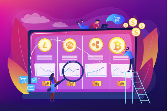 Economic Data Analysis, Market Value Calculation. Cryptocurrency Trading Desk, Bitcoin Futures Platform, Official Crypto Exchange Services Concept. Bright Vibrant Violet Vector Isolated Illustration