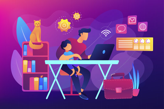 Freelancer with child working on laptop. Parent working with son. Home office. Remote worker, employee schedule, flexible schedule concept. Bright vibrant violet vector isolated illustration