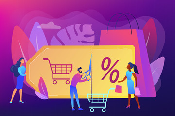 Obraz premium Customer attraction marketing. Shopping sale. Rewards scheme. Markdown program, promotional discount program, lowest price guarantee concept. Bright vibrant violet vector isolated illustration