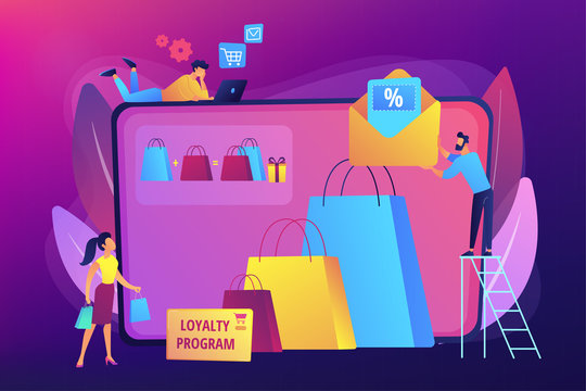 Shopping sale. Discount offer. Loyalty program. Customer attraction marketing. Sales promotion, creative retail promotion, boost your sales concept. Bright vibrant violet vector isolated illustration