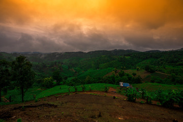 Blurred abstract background of high angle scenery, overlooking mountains, colorful skies, fresh air while traveling