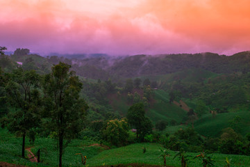 Blurred abstract background of high angle scenery, overlooking mountains, colorful skies, fresh air while traveling