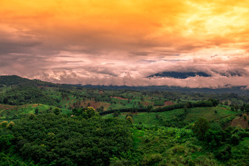 Fototapeta premium Blurred abstract background of high angle scenery, overlooking mountains, colorful skies, fresh air while traveling