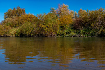 Autumn landscape with river Raba trees and blue sky.