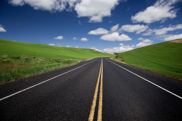 A highway cuts through the middle of wheat fields in Palouse, washington state, USA