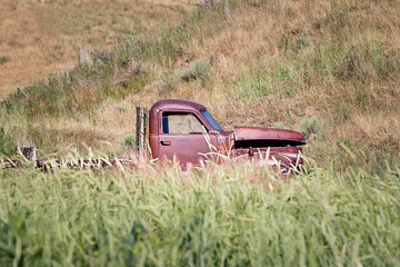 An abandoned rusting truck in tall grass