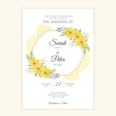 Watercolor wedding invitation card with yellow hibiscus