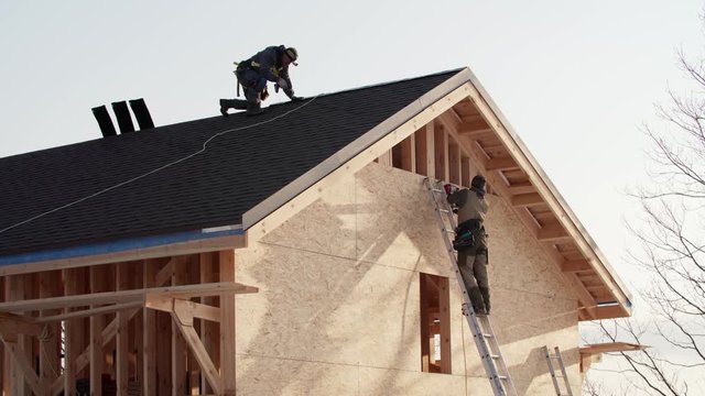 Residential frame house under construction. One worker is covering the wooden frame with plywood using hydraulic hammer, another one is making ridge on the roof in safety harness