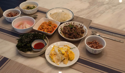Breakfast in Korea with Bulgogi Rice Egg Seaweed Root Vegetable 