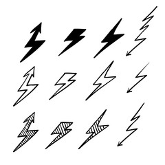 Set Lightning bolt. Thunderbolt, lightning strike. doodle hand drawn style vector illustration. Thunder and Bolt Lighting Flash Icons Set.vector isolated