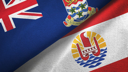 Cayman Islands and French Polynesia two flags textile cloth, fabric texture