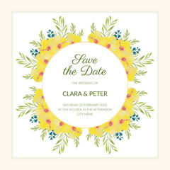 Floral save the date template with watercolor yellow hibiscus
