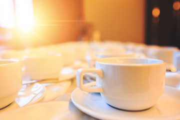 Cup of coffee are on the table in the hotel.