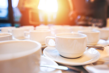 Cup of coffee are on the table in the hotel.