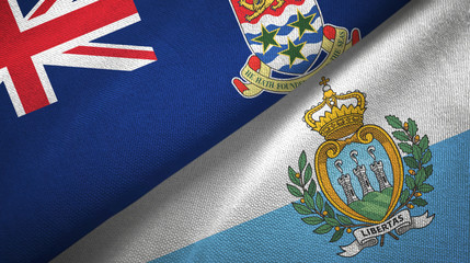 Cayman Islands and San Marino two flags textile cloth, fabric texture