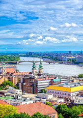 Fototapeta premium A view of Budapest, Hungary along the Danube River from Fisherman's Bastion.