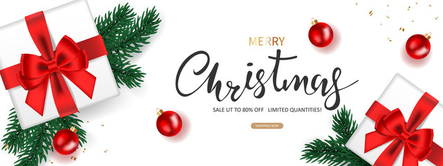 Fototapeta na wymiar Christmas banner. Background Xmas decorated with Gifts box, Green Pine branches, and Christmas balls. Design sales promotion for holiday. Vector illustration.