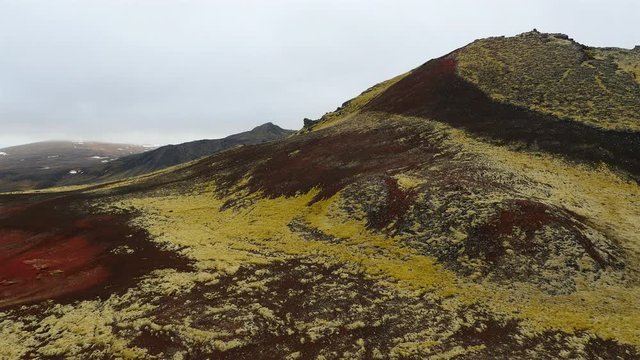 Aerial view around area with old volcano crater in Iceland
