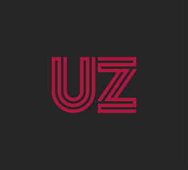 Fototapeta na wymiar Initial two letter red line shape logo on black vector UZ