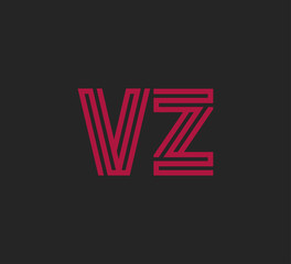 Initial two letter red line shape logo on black vector VZ