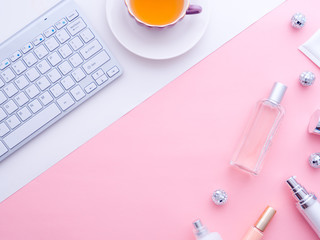 Female fashion beauty blogger home office workspace.